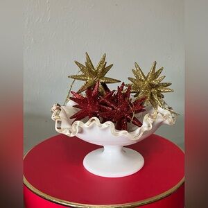 Fenton Silver Crest milk glass pedestal bowl w Sputnik ornaments